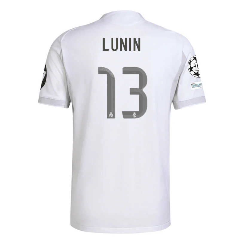 adidas Andriy Lunin Real Madrid 25/26 Home Jersey w/ Champions League Patches (White)