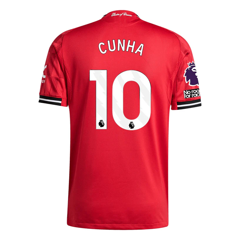 adidas Cunha Men's Manchester United Authentic Home Jersey 25/26 w/ NRFR + EPL Patch (Red)