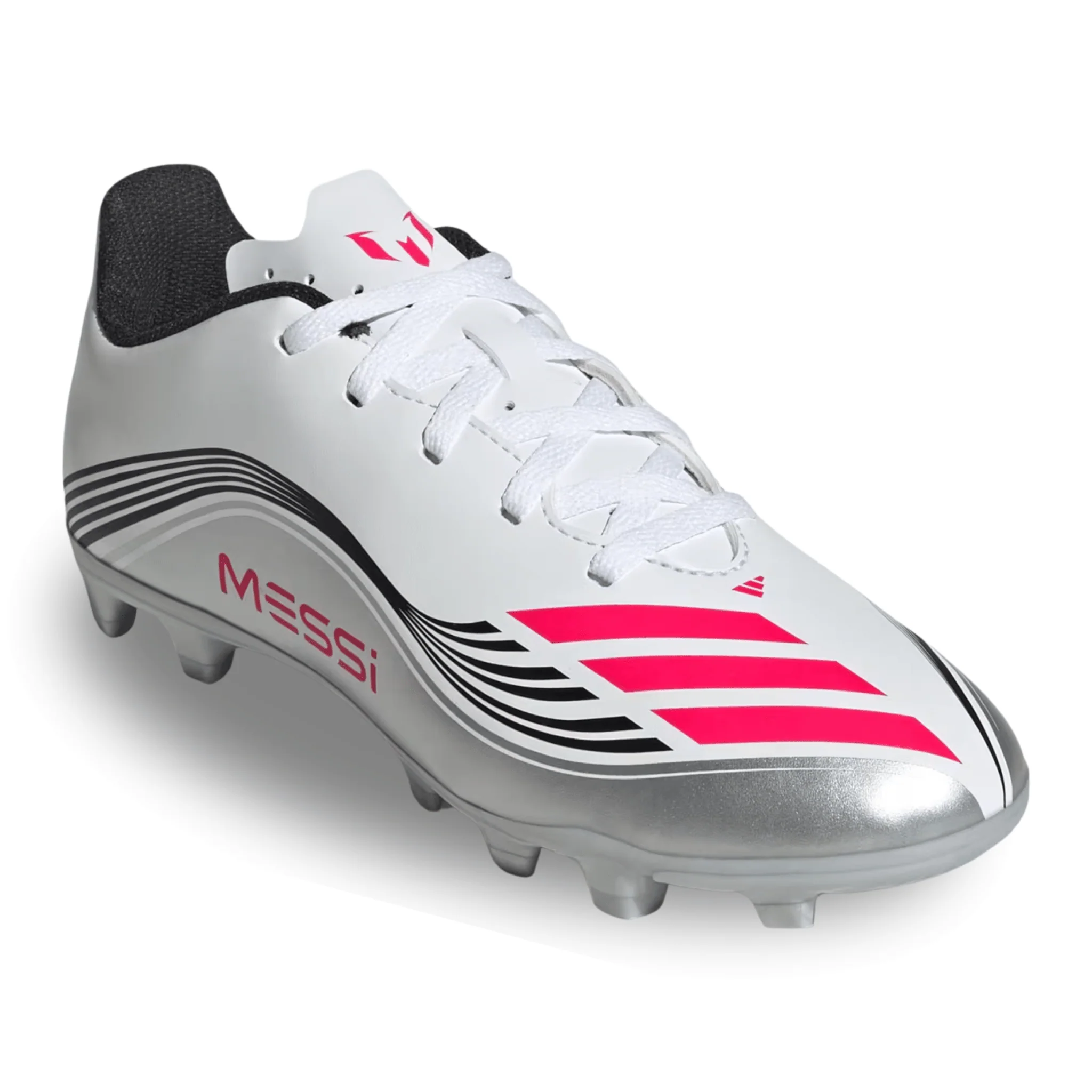 adidas Youth F50 Messi Club FG/MG Junior Soccer Cleats (White/Lucid Red/Silver Metallic) - Image 3