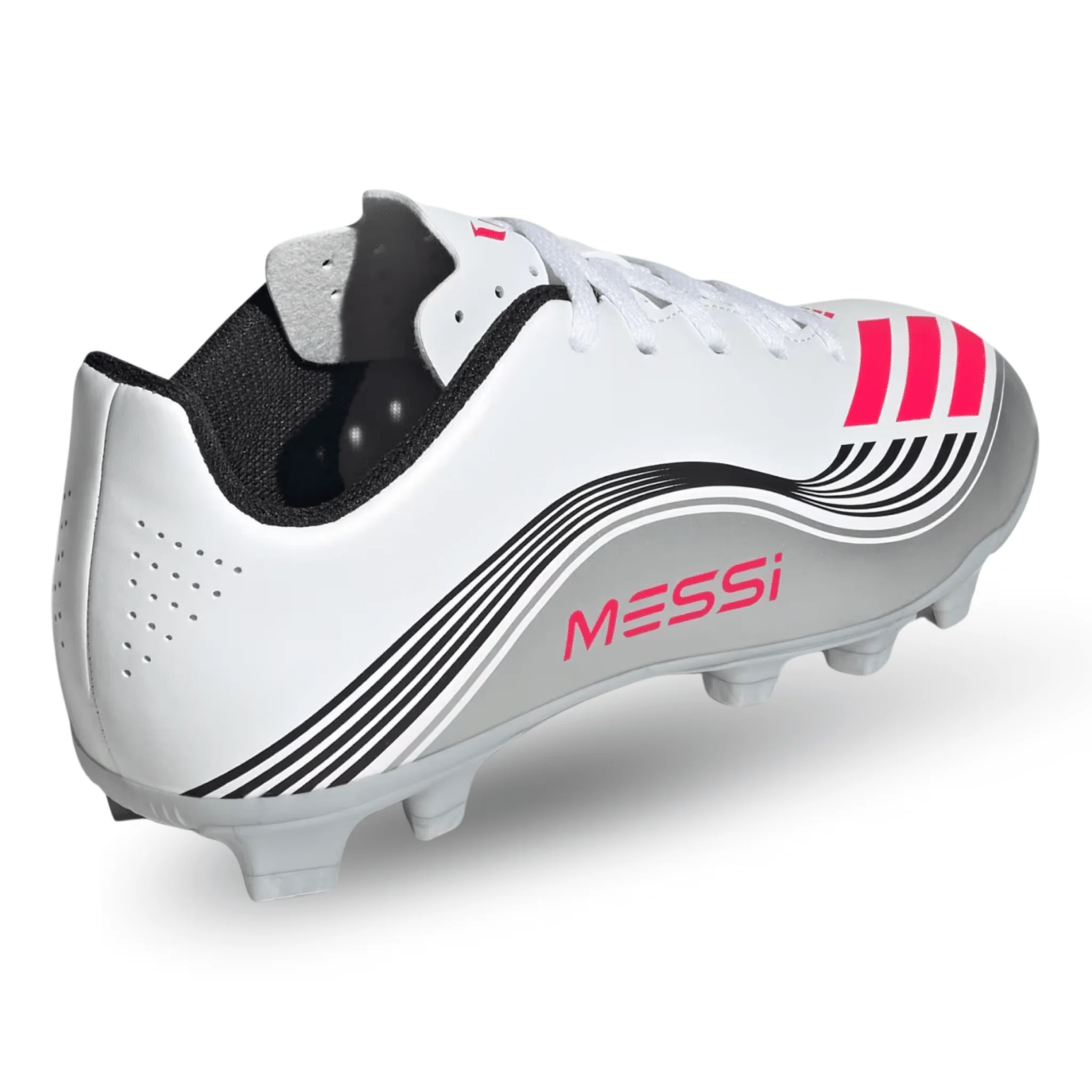 adidas Youth F50 Messi Club FG/MG Junior Soccer Cleats (White/Lucid Red/Silver Metallic) - Image 4