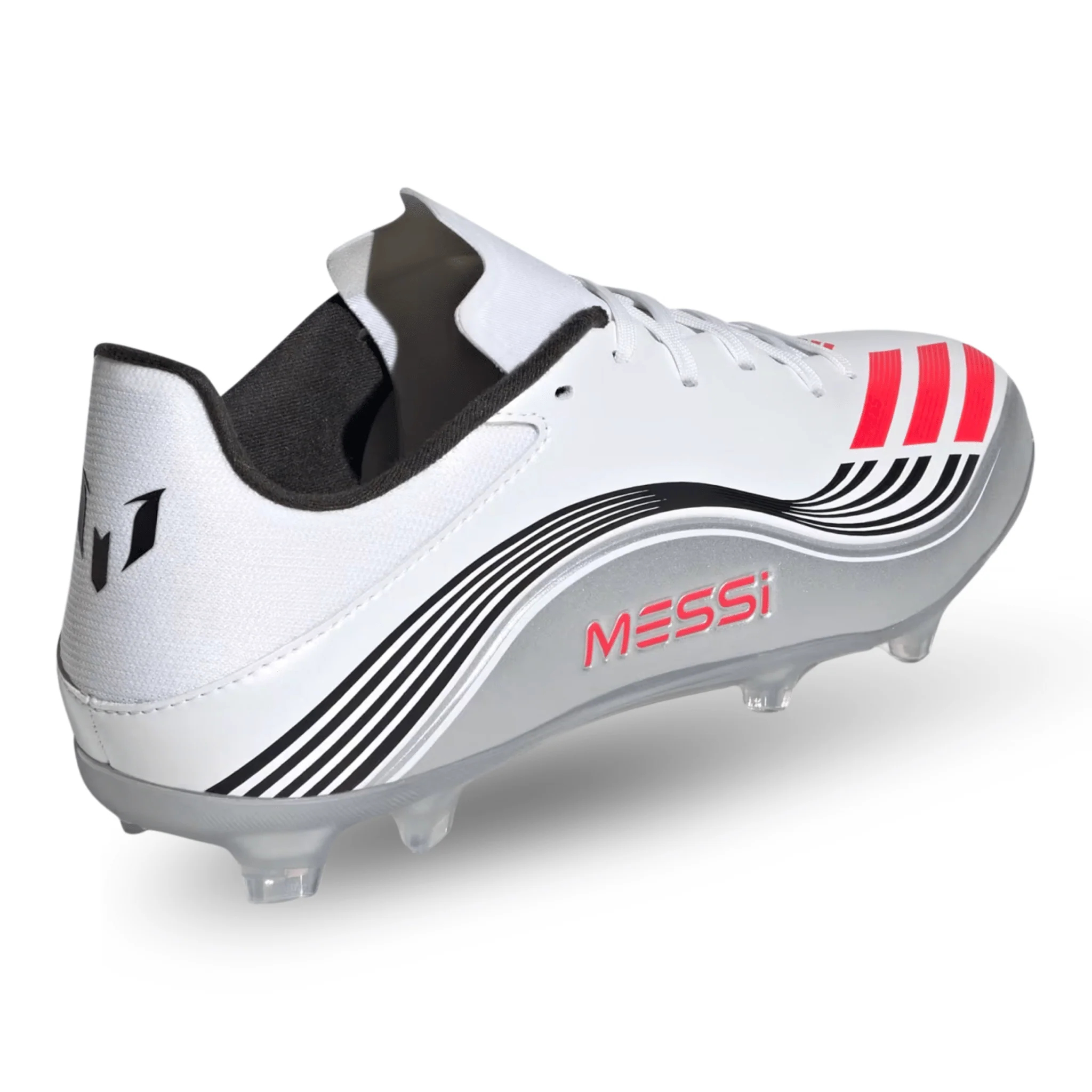adidas F50 Messi League FG/MG Soccer Cleats (White/Lucid Red/Silver Metallic) - Image 4