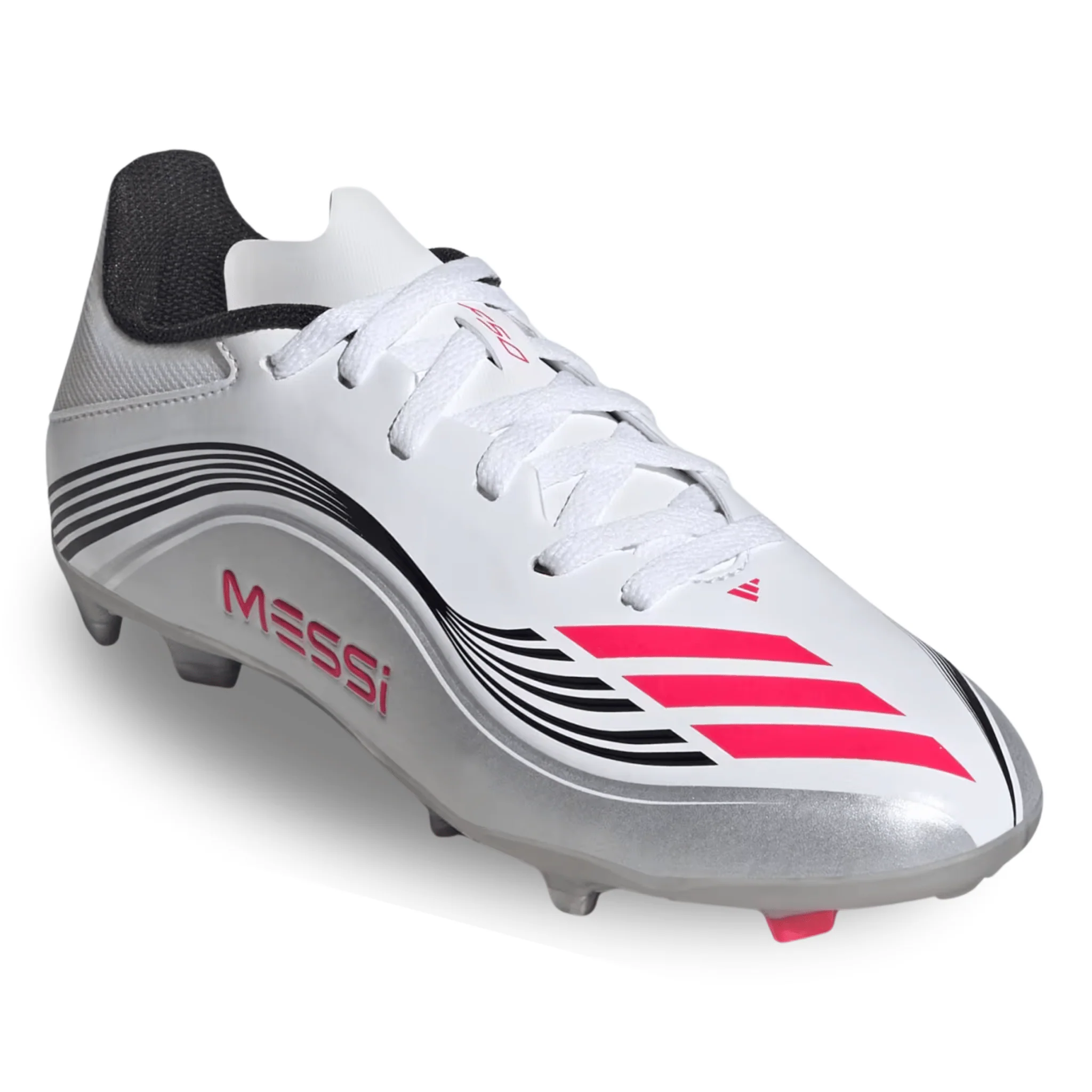 adidas Jr. F50 Messi League FG/MG Soccer Cleats (White/Lucid Red/Silver Metallic) - Image 3