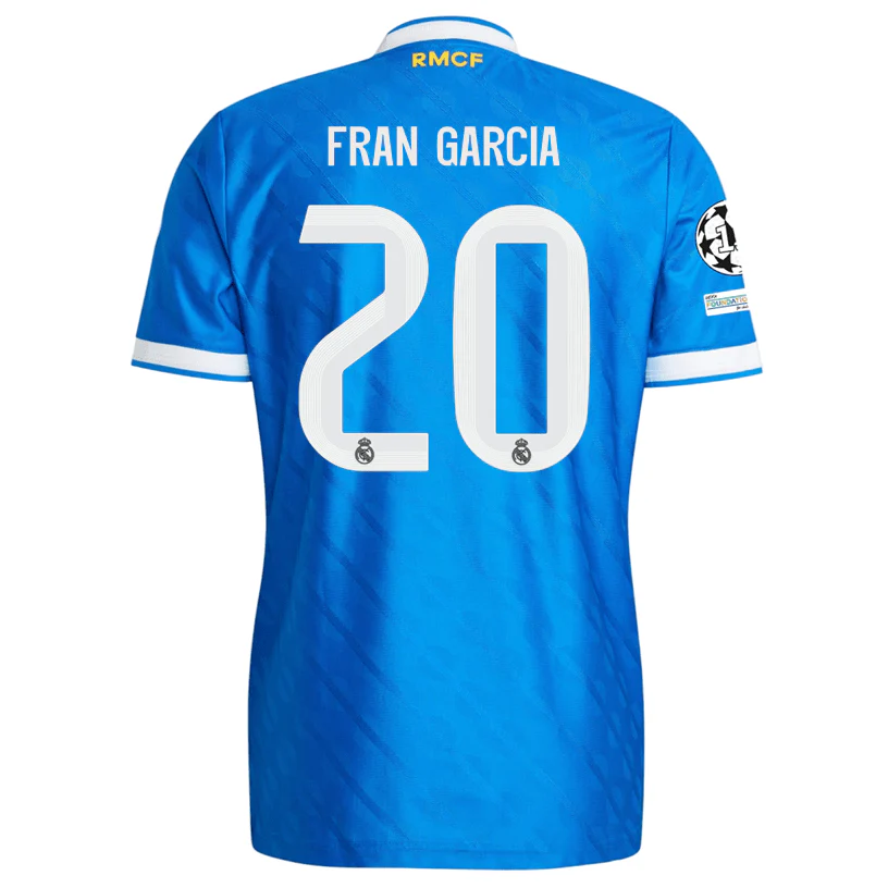 adidas Men's Fran Garcia Real Madrid 25/26 Authentic Third Jersey w/ Champions League Patches (Blue)