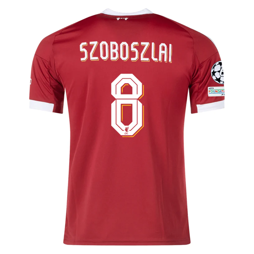 adidas Men's Liverpool Szoboszlai Home Jersey 25/26 w/ Champions League Patches (Strawberry Red)
