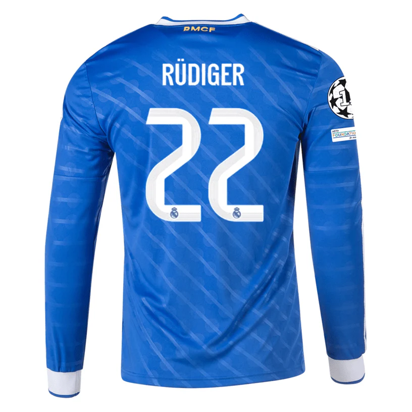 adidas Men's Real Madrid Rudiger Long Sleeve Third Jersey w/ Champions League Patches 25/26 (Blue/White)