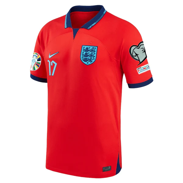 Nike England Bukayo Saka Away Jersey 22/23 w/ Euro Qualifier Patches (Challenge Red/Blue Void) - Image 2
